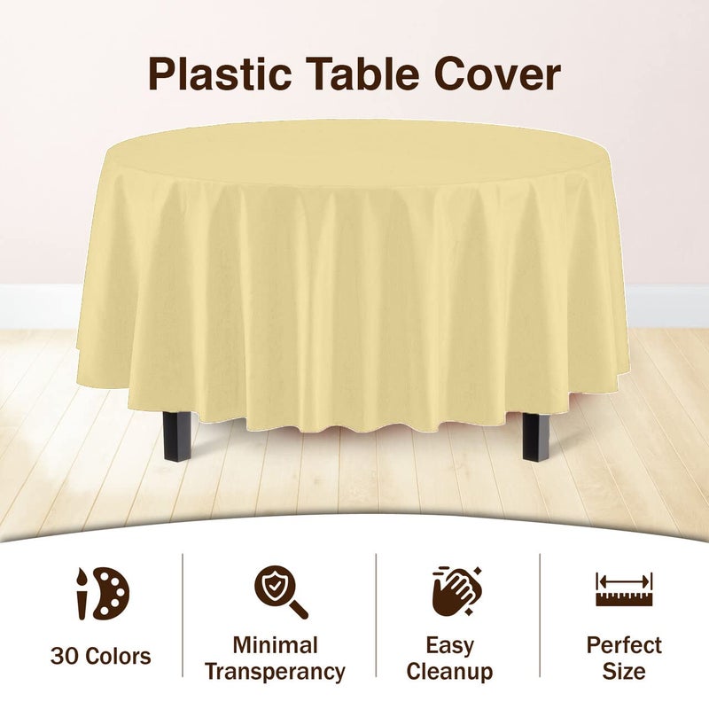 Exquisite 12-Pack Premium Plastic Tablecloth 84in. Round Table Cover - Light Yellow - Image 3
