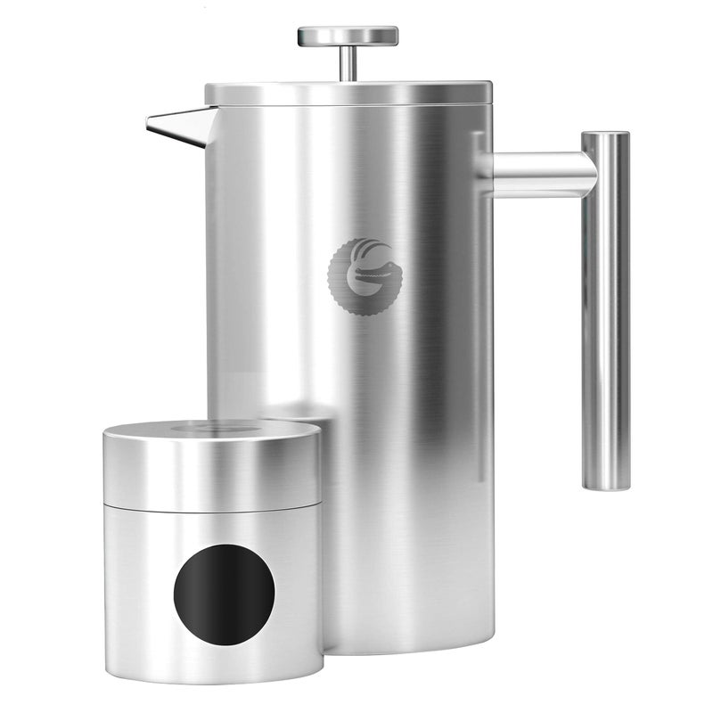 Coffee Gator 304 Grade Stainless Steel French Press Coffee Maker 34 oz, Double Wall Insulated Teapot with 4-Level Filtration System, Include Travel Jar Canister, Rust-Free, Dishwasher Safe, Silver - Image 1
