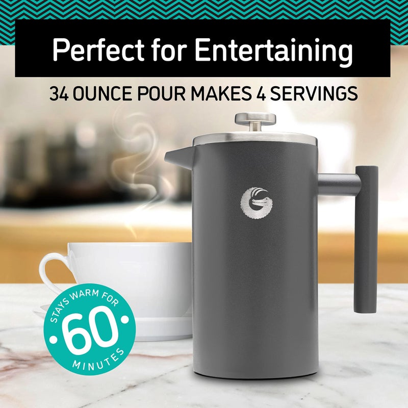 Coffee Gator 304 Grade Stainless Steel French Press Coffee Maker 34 oz, Double Wall Insulated Teapot with 4-Level Filtration System, Include Travel Jar Canister, Rust-Free, Dishwasher Safe, Silver - Image 3