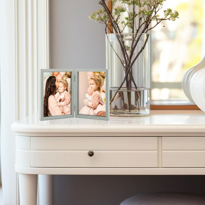 Space Art Deco 4x6 Double Hinged Frames  2 Folding Picture Frame  Stand Vertically on Desktop or Tabletop  Grey - Image 3