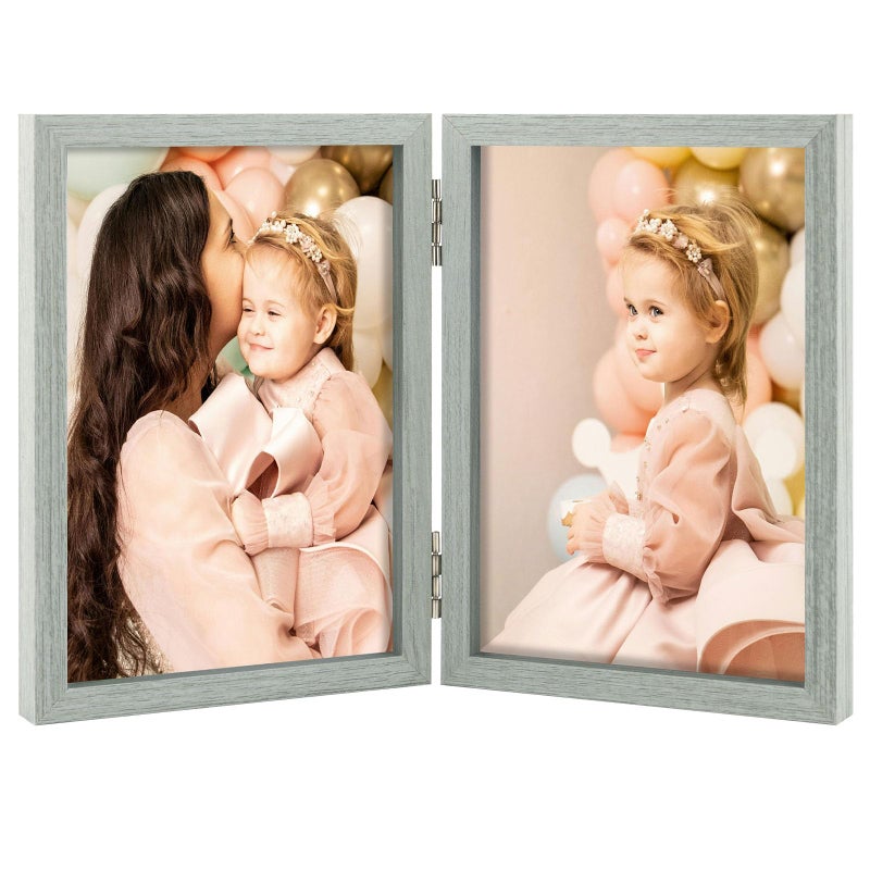 Space Art Deco 4x6 Double Hinged Frames  2 Folding Picture Frame  Stand Vertically on Desktop or Tabletop  Grey - Image 1