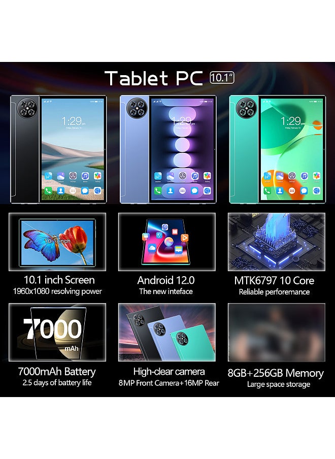 Tablet 8GB+256GB 10.1 inch Screen 5G Calling 10-Core MTK6797 Processor 128GB Expandable Memory Large Storage Capacity High-Clear Large Screen BT5.0 7000mAh Battery Long Standby Time