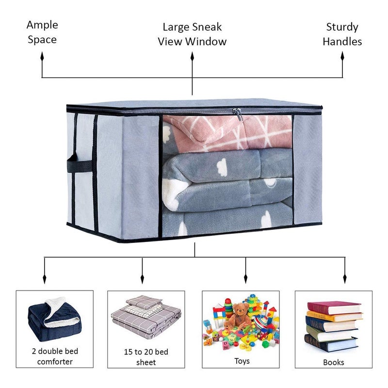 ShubhKraft Shubhkraft Rectangular Underbed Storage Organiser With Side Handles Transparent Window Garment Organizer Set Of 6 Gray - Image 3