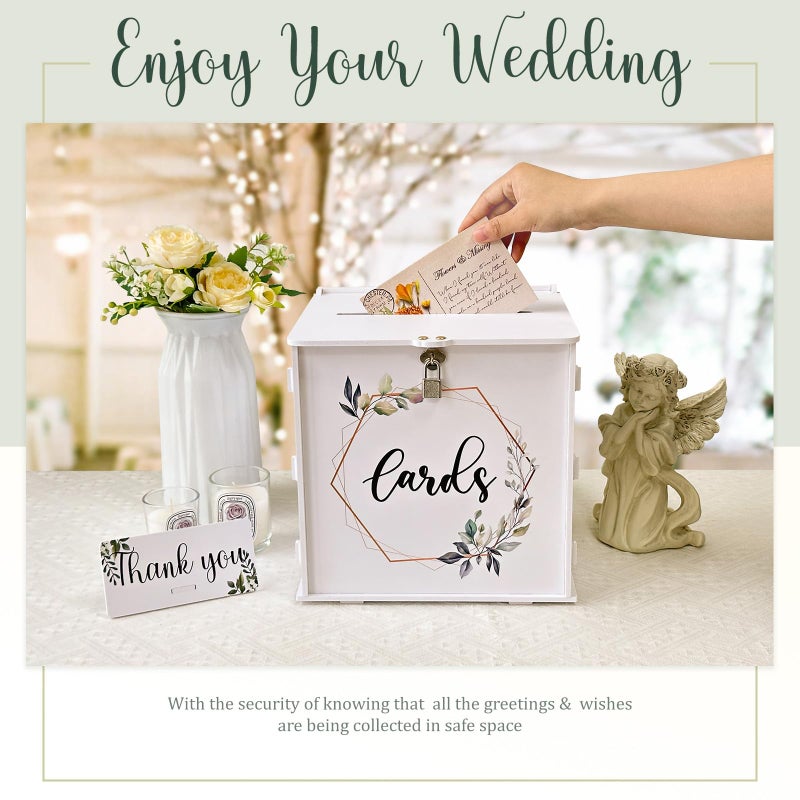 OurWarm White Wedding Card Box with Lock, PVC Gift Card Box for Wedding Reception, Eucalyptus DIY Wedding Envelope Money Card Box for Party Graduation Birthday Baby Shower Decorations - Image 5