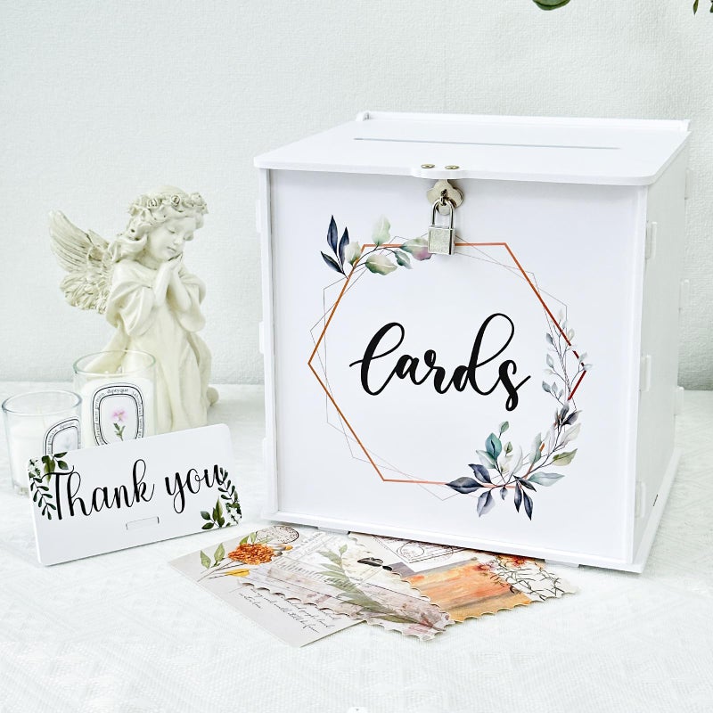 OurWarm White Wedding Card Box with Lock, PVC Gift Card Box for Wedding Reception, Eucalyptus DIY Wedding Envelope Money Card Box for Party Graduation Birthday Baby Shower Decorations - Image 1