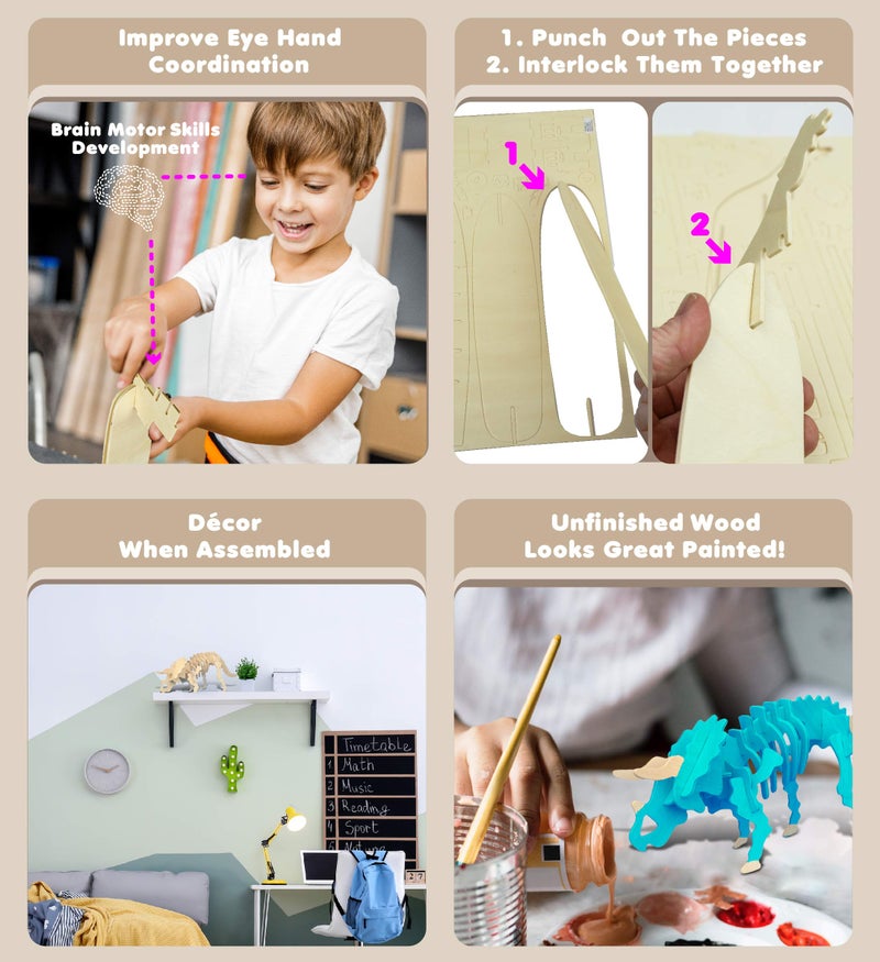 Puzzled 3D Puzzle Triceratops Dinosaur Wood Craft Construction Model Kit Fun & Educational DIY Wooden Toy Assemble Dino Model Unfinished Craft Hobby Puzzle to Build & Paint for Decoration 17pc Pack - Image 3