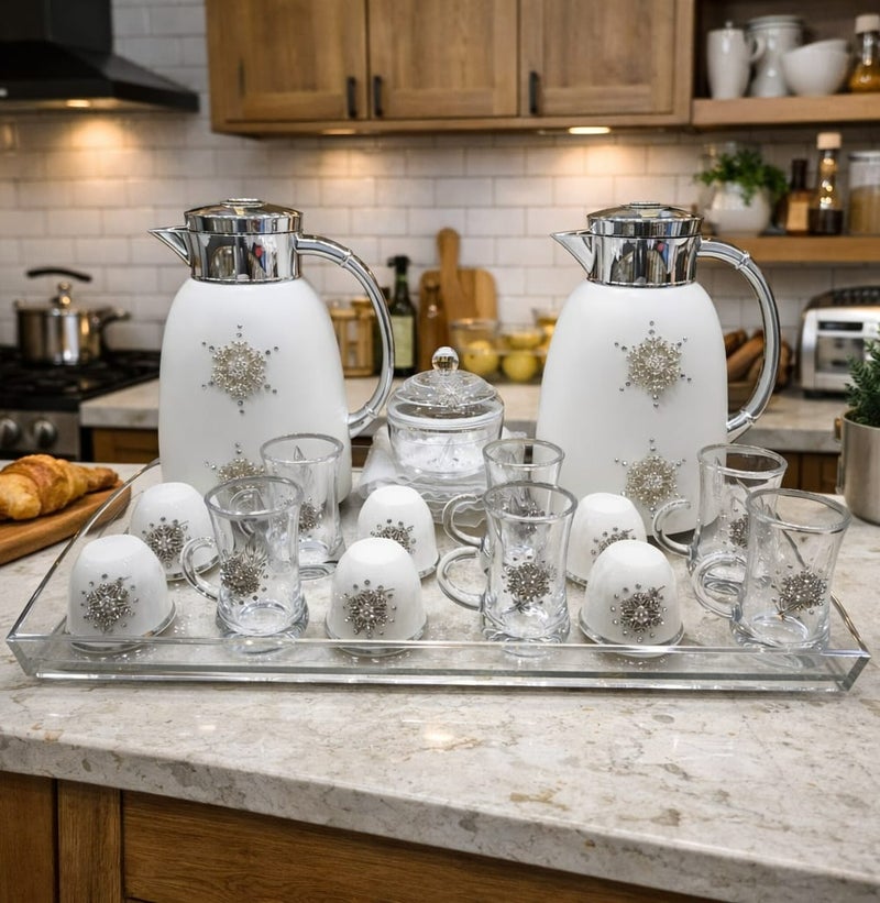 Damanhoor 22Pieces New Full Set Thermose 2Thermos 6Teacup With 6saucer 6Guava Cup 1Sugar Bowl 1Tray - Image 1