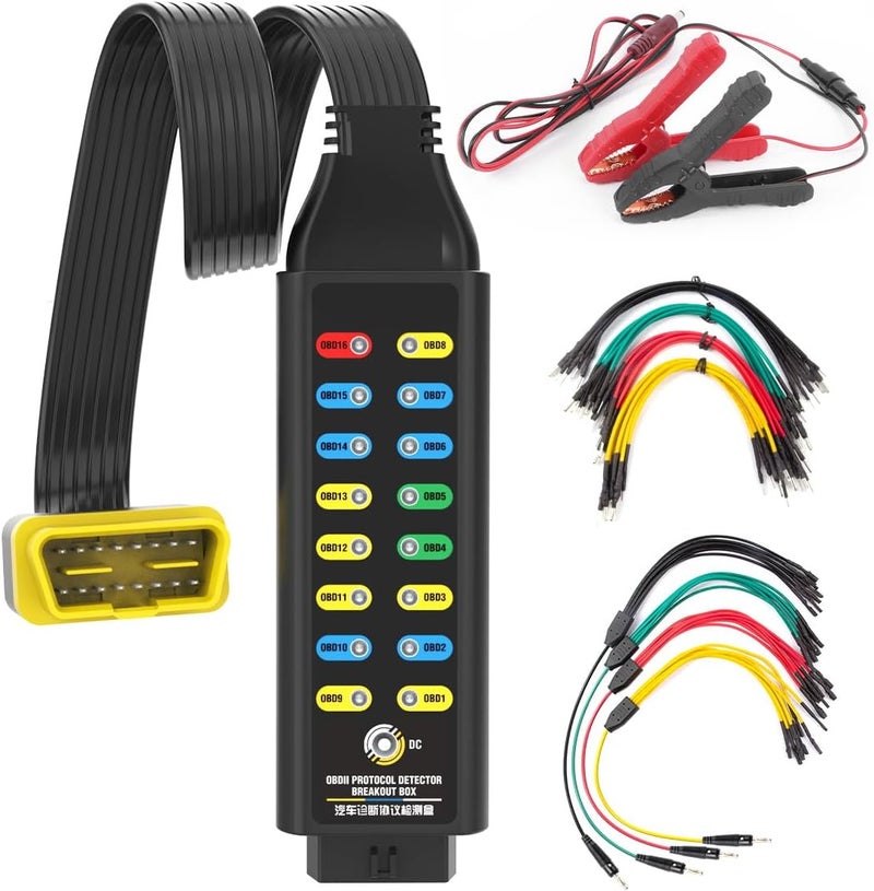 KAISAL صندوق توزيع OBD2 احترافي - صندوق توزيع OBDII لكشف البروتوكول/الطاقة/الأرضي - صندوق توزيع لتشغيل السيارة - صندوق توزيع CAN ذو 16 سنًا للسيارات مع مقابس موز 4 مم، كابل بطول 18 بوصة، 4 مجموعات من أسلاك التوصيل - Image 1