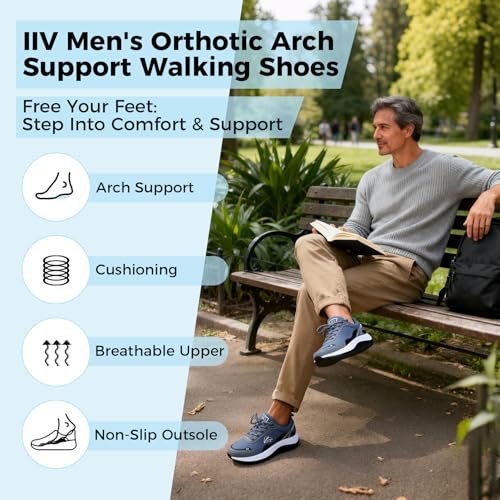 IIV Men's Orthotic Walking Shoes with Arch Support for Plantar Fasciitis & Flat Feet | Shock Absorbing Work Sneakers for Knee, Heel, Ankle Pain Relief & Daily Comfort Grey Black - Image 3