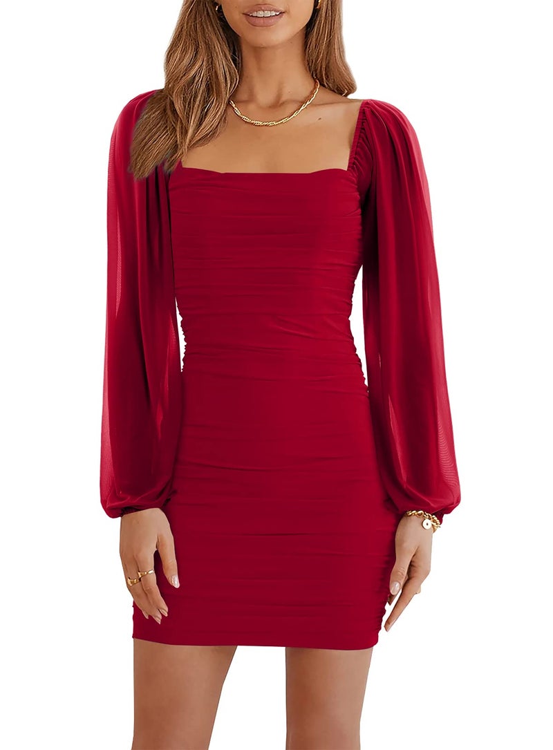 Wenrine Women's Mesh Long Sleeve Square Neck Ruched Party Club Cocktail Bodycon Mini Dress Red - Image 1