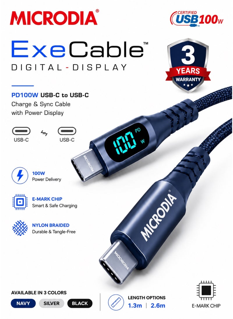 ميكروديا كابل شحن سريع طويل من [[MICRODIA]] ExeCable بقوة 100 واط، من نوع USB-C إلى USB-C، مزود بشاشة LCD رقمية، سلك شحن متين للغاية من الكيفلار المضفر بتقنية Power Delivery (PD) لأجهزة الكمبيوتر المحمولة والأجهزة اللوحية (1.3 متر/2.6 متر) - أزرق داكن - Image 1