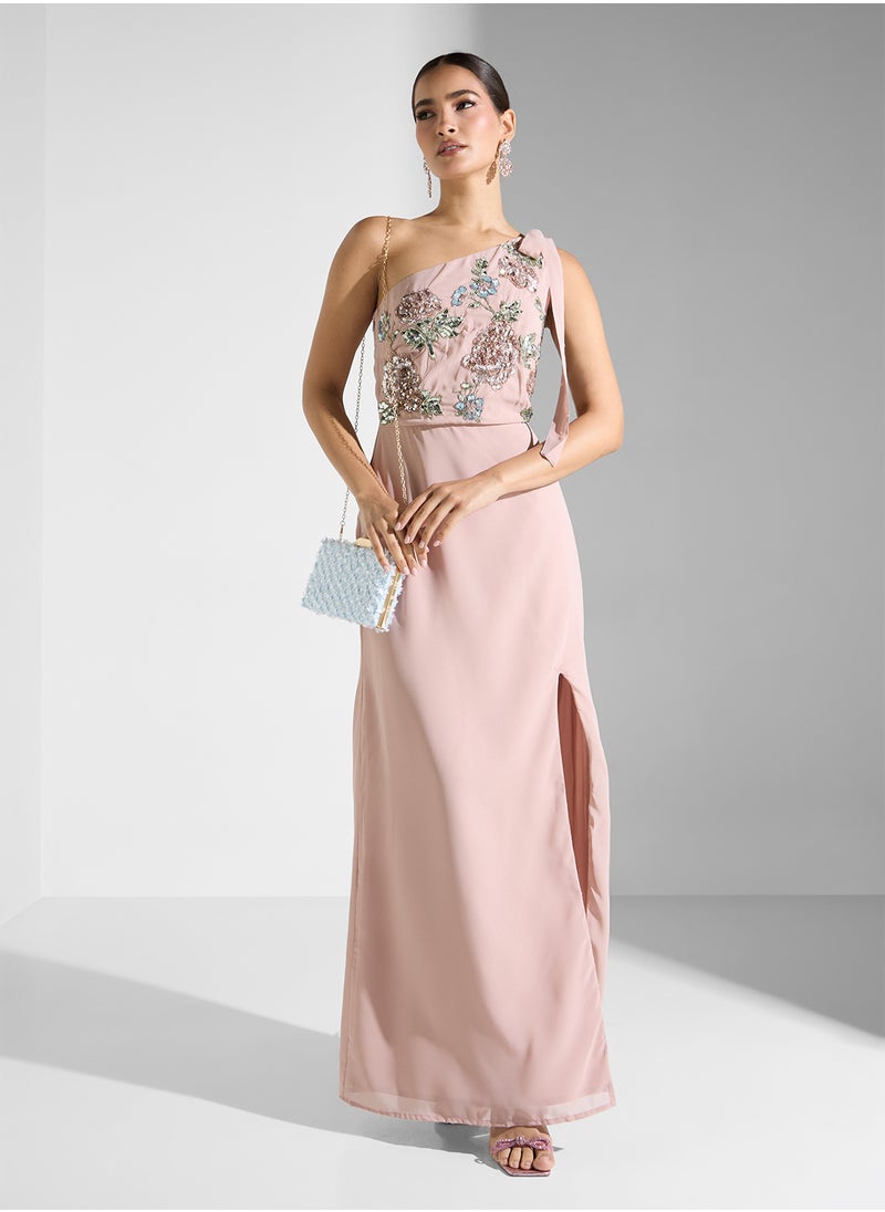 Maya Contrast Floral Embellished One Shoulder Maxi Dress  - Image 4