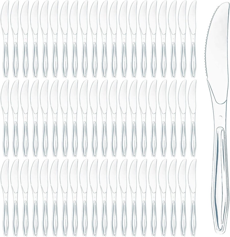 Prestee 100 Pack Plastic Silverware Knives - Heavy Duty, Clear Plastic Knives for Parties, Catering, and Events - Durable and Elegant Disposable Knife Utensils for Weddings, Dinners, and Celebrations - Image 1