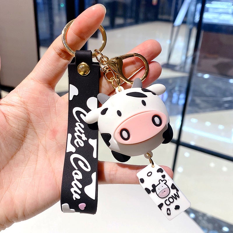 Creative Cartoon Cow Keychain Cute Car Bag Charm Black Lanyard 
