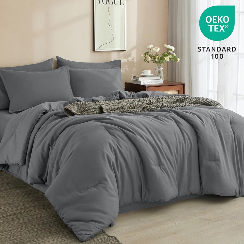 PHF 7 Piece King Bed-in-a-Bag Comforter Set, Lightweight Bedding Collection, Set includes 1x 265cm x 230cm Comforter + 1x 275cm x 260cm Flat Sheet + 1x 200cm x 205cm Fitted Sheet (40cm Deep Pocket) + 4x Pillowcases (2x 50cm x 90cm + 2x 50cm x 100cm), Dark Grey - Image 2