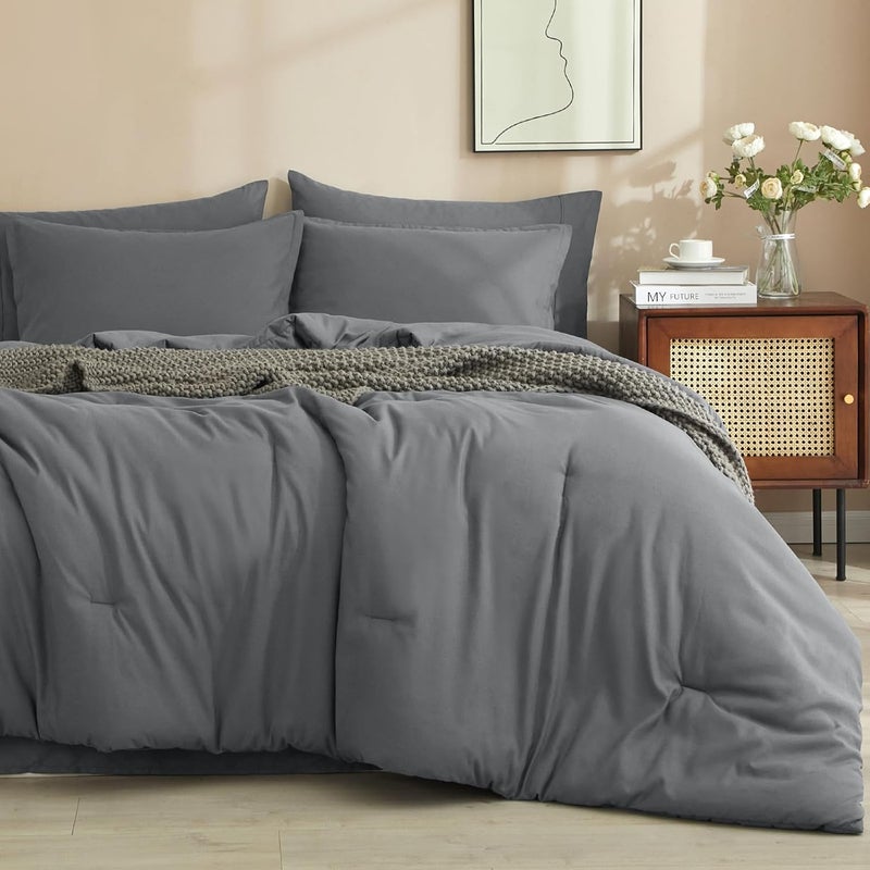 PHF 7 Piece King Bed-in-a-Bag Comforter Set, Lightweight Bedding Collection, Set includes 1x 265cm x 230cm Comforter + 1x 275cm x 260cm Flat Sheet + 1x 200cm x 205cm Fitted Sheet (40cm Deep Pocket) + 4x Pillowcases (2x 50cm x 90cm + 2x 50cm x 100cm), Dark Grey - Image 1