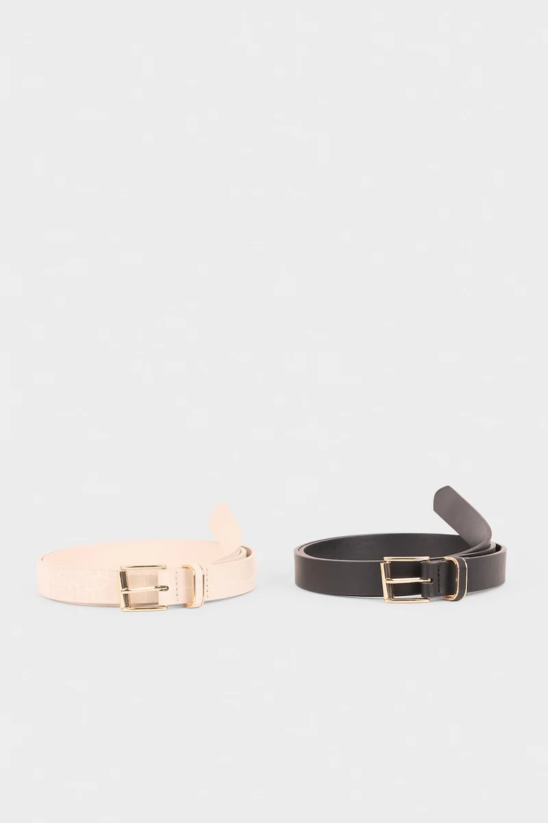 Woman Faux Leather Gold Buckled 2 Piece Classic Belt