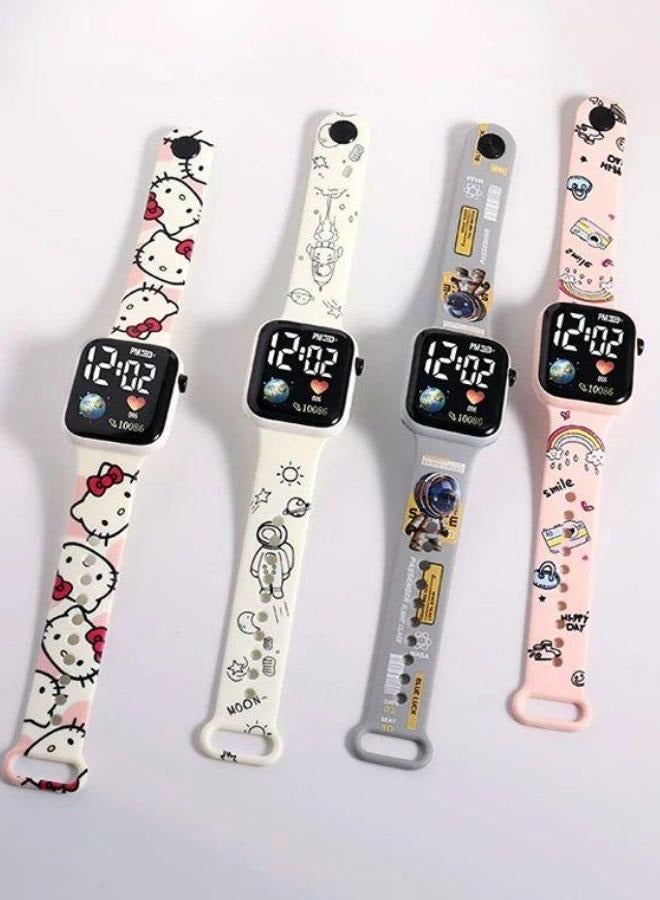 Cartoon Digital Watch for Kids - Square Waterproof Silicone Wristwatch 4-Piece Set, Anime Printed Children's Swimming Watch with LED Display  - Image 1