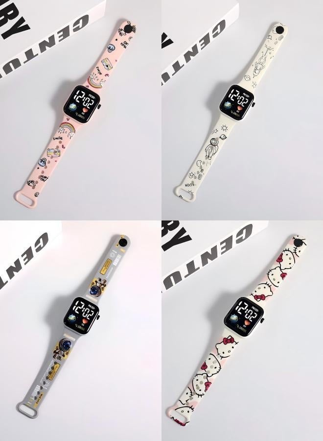 Cartoon Digital Watch for Kids - Square Waterproof Silicone Wristwatch 4-Piece Set, Anime Printed Children's Swimming Watch with LED Display  - Image 2