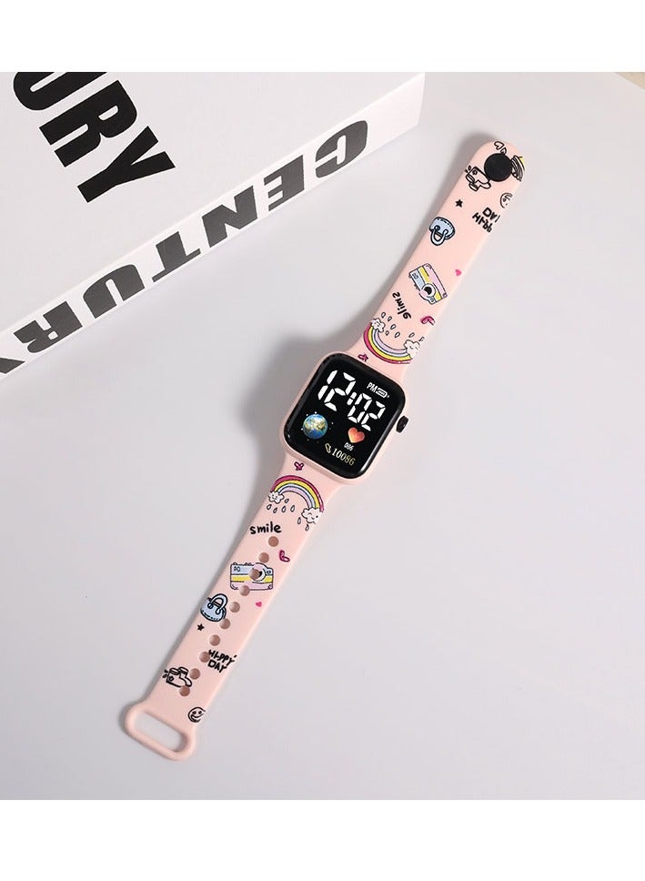 Cartoon Digital Watch for Kids - Square Waterproof Silicone Wristwatch 4-Piece Set, Anime Printed Children's Swimming Watch with LED Display  - Image 3