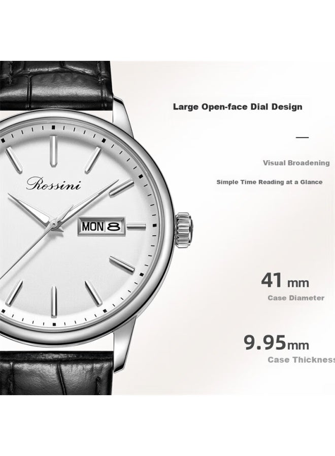 Rossini Men's Quartz Watch With White Dial And Leather Strap, Birthday Gift For Boyfriend, Chinese Watch, Commuter Sunday Calendar 50067 - Image 1