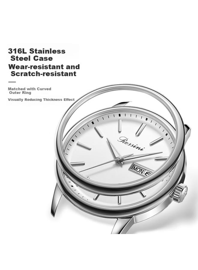 Rossini Men's Quartz Watch With White Dial And Leather Strap, Birthday Gift For Boyfriend, Chinese Watch, Commuter Sunday Calendar 50067 - Image 2