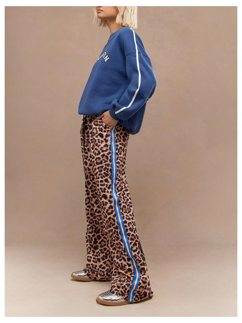 WDIRARA Women's Y2k Leopard Print Pants Elastic Waist Wide Leg Pants Trousers Bottoms Brown Blue Medium - Image 3