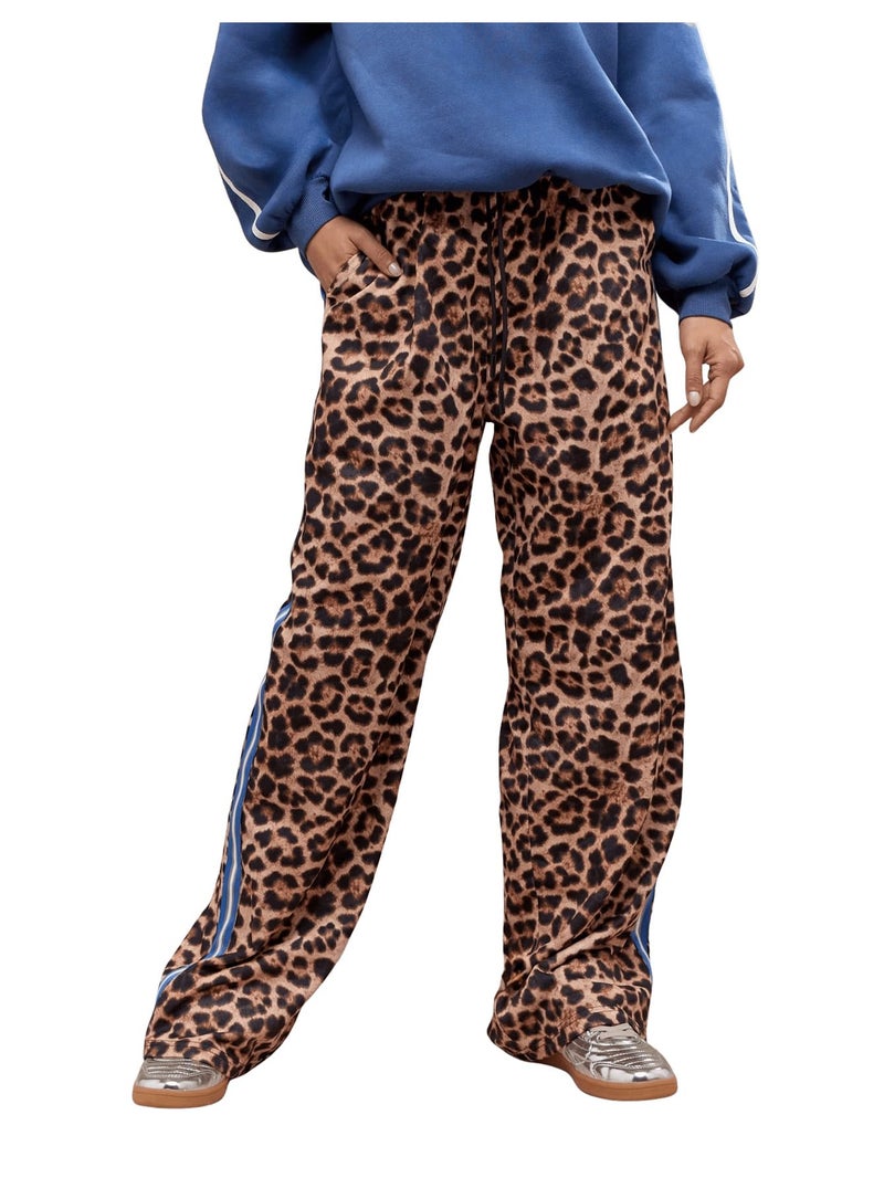WDIRARA Women's Y2k Leopard Print Pants Elastic Waist Wide Leg Pants Trousers Bottoms Brown Blue Medium - Image 5