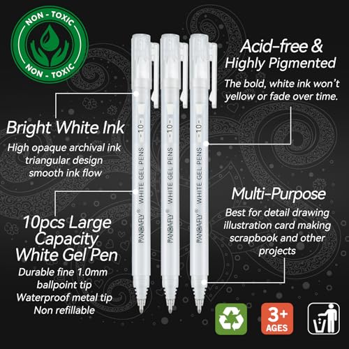 PANDAFLY White Gel Pens, 10 Pack, 1 mm Extra Fine Point Gel Ink Pen, Opaque Archival Ink Pens for Black Paper Drawing, Sketching, Card Making, White Pen for Art Highlight & Artists Drawing - Image 3