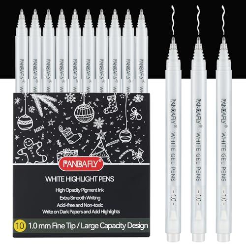 PANDAFLY White Gel Pens, 10 Pack, 1 mm Extra Fine Point Gel Ink Pen, Opaque Archival Ink Pens for Black Paper Drawing, Sketching, Card Making, White Pen for Art Highlight & Artists Drawing - Image 1