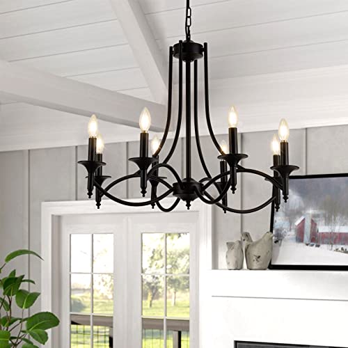 Pretoy Industrial Candle Chandelier Modern Farmhouse Hanging Pendant Light Fixture with 8-Light Black Iron Classic Rural Candle Ceiling for Dining Room Living Room Bedroom Kitchen Island Foyer - Image 1