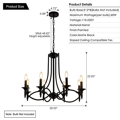 Pretoy Industrial Candle Chandelier Modern Farmhouse Hanging Pendant Light Fixture with 8-Light Black Iron Classic Rural Candle Ceiling for Dining Room Living Room Bedroom Kitchen Island Foyer - Image 2