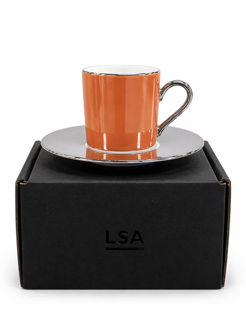 LSA Palazzo Coffee Cup & Saucer Set, 100ml, Ember Orange with Platinum Rim Elegant, Made in Poland - Image 4