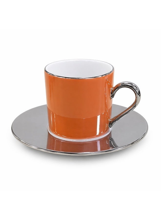 LSA Palazzo Coffee Cup & Saucer Set, 100ml, Ember Orange with Platinum Rim Elegant, Made in Poland - Image 1