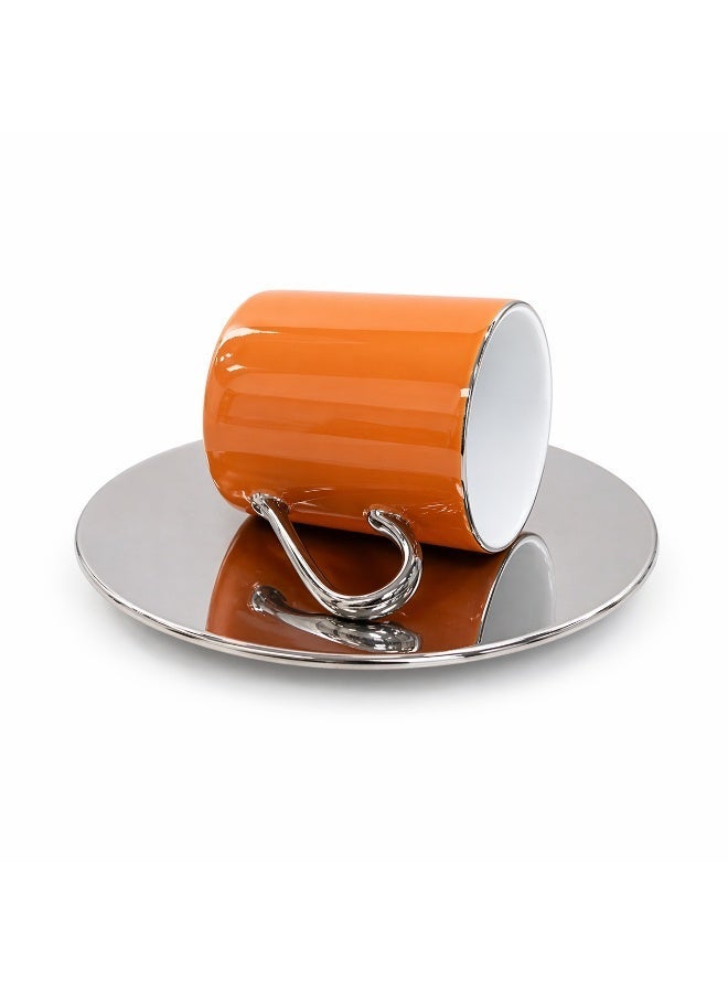 LSA Palazzo Coffee Cup & Saucer Set, 100ml, Ember Orange with Platinum Rim Elegant, Made in Poland - Image 5