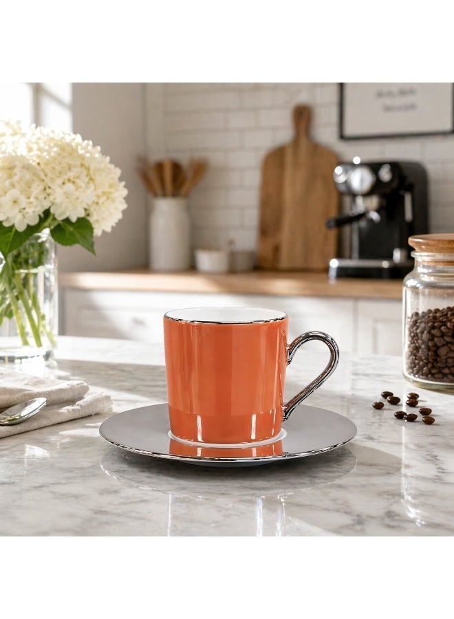 LSA Palazzo Coffee Cup & Saucer Set, 100ml, Ember Orange with Platinum Rim Elegant, Made in Poland - Image 2