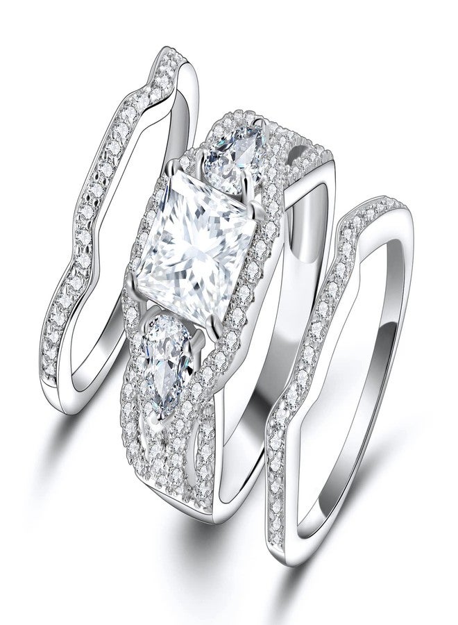 MDFUN Three-In-One Square Wedding Engagement Ring,18K White Gold Plated Cubic Zirconia Promise Eternity Ring for Women (6.5) - Image 1