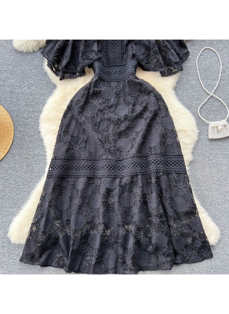 KUYING New Collar Heavy Industry Hook Flower Hollow Lace Dress  - Image 3