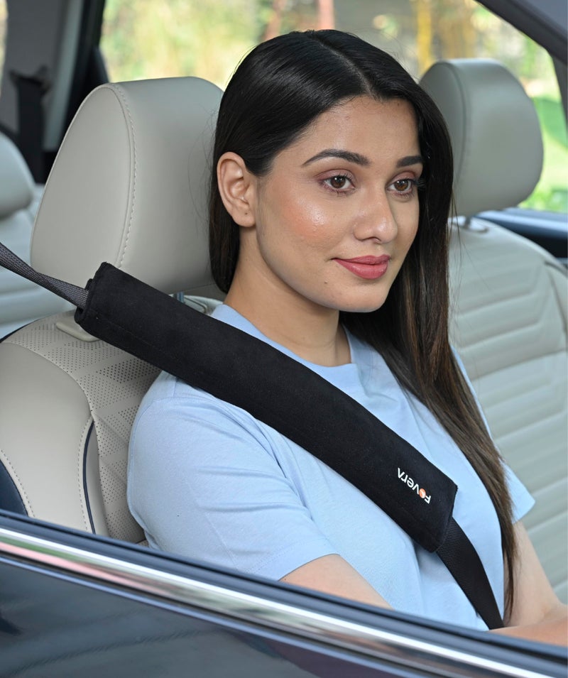 FOVERA Car Seat Belt Shoulder Cushions (Pack of 2) Car Safety Belt Soft Pad Cover for Comfortable Driving, Universal Fit for All Cars and Backpack (Black Color, 12 Inch Length) - Image 1