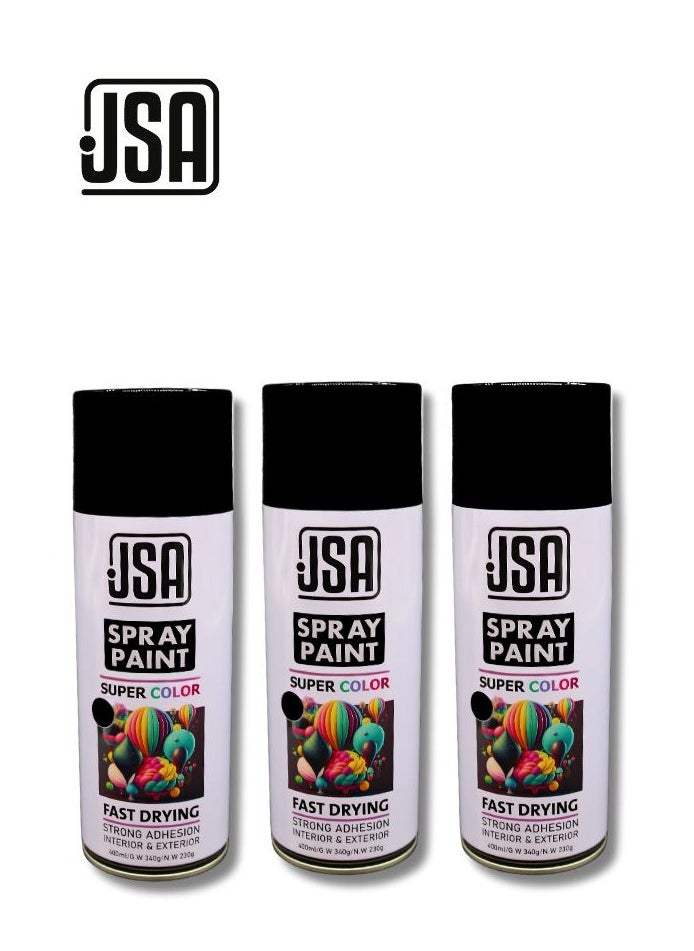 JSA A set of 3 multi-purpose spray paint cans in black color, each with a capacity of 400ml. This fast-drying paint is suitable for use on wood, plastic, and metal. Ideal for both indoor and outdoor applications, and perfect for DIY projects, automotive painting, and arts & crafts.  - Image 1