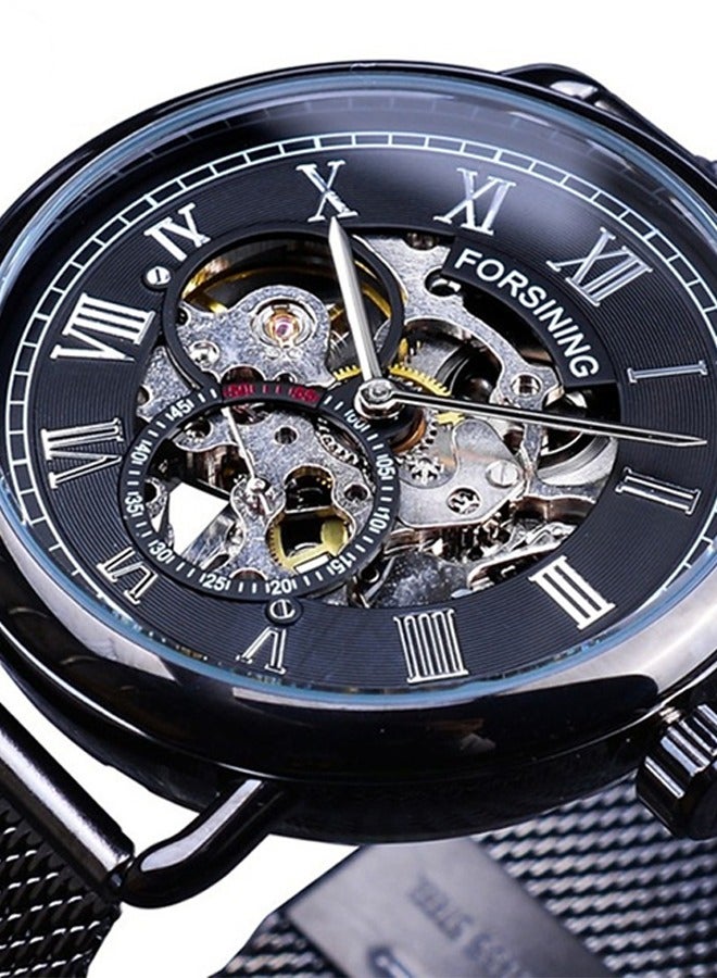 FORSINING ​​Forsining Men's Retro Skeleton Mechanical Watch - Black Case with Silver-Tone Markers & Open-Heart Dial, Stainless Steel Mesh Strap, 30M Water Resistance, Vintage Style for Daily Wear & Business Casual Occasions​​ - Image 2
