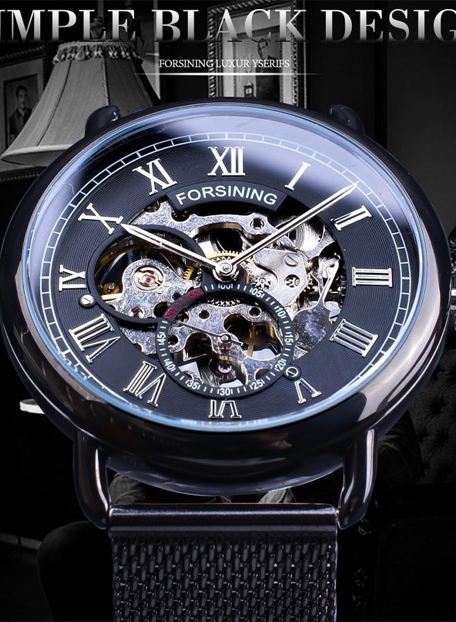 FORSINING ​​Forsining Men's Retro Skeleton Mechanical Watch - Black Case with Silver-Tone Markers & Open-Heart Dial, Stainless Steel Mesh Strap, 30M Water Resistance, Vintage Style for Daily Wear & Business Casual Occasions​​ - Image 3