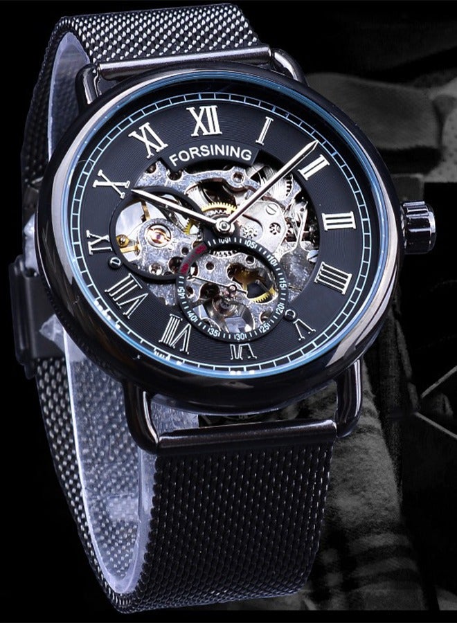 FORSINING ​​Forsining Men's Retro Skeleton Mechanical Watch - Black Case with Silver-Tone Markers & Open-Heart Dial, Stainless Steel Mesh Strap, 30M Water Resistance, Vintage Style for Daily Wear & Business Casual Occasions​​ - Image 4