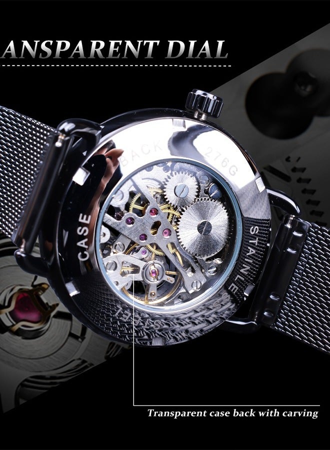 FORSINING ​​Forsining Men's Retro Skeleton Mechanical Watch - Black Case with Silver-Tone Markers & Open-Heart Dial, Stainless Steel Mesh Strap, 30M Water Resistance, Vintage Style for Daily Wear & Business Casual Occasions​​ - Image 5