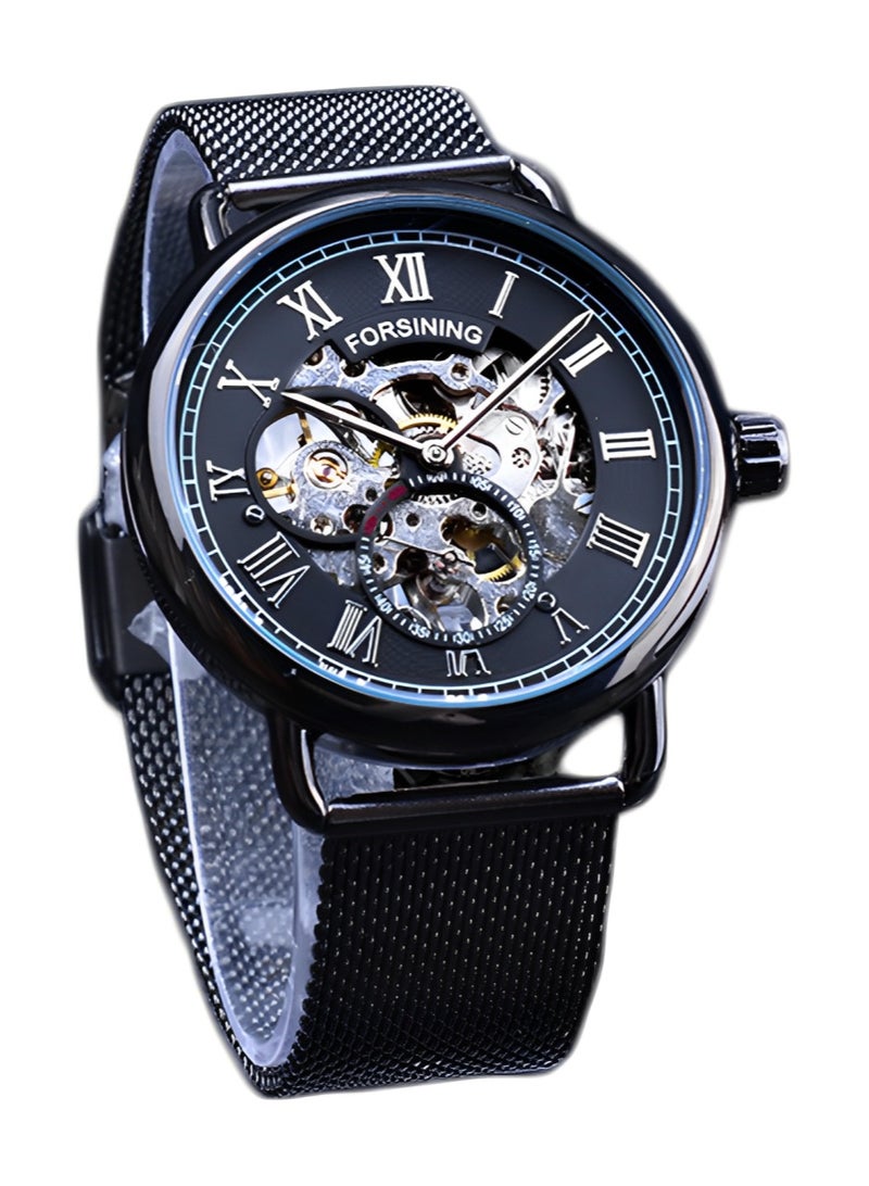 FORSINING ​​Forsining Men's Retro Skeleton Mechanical Watch - Black Case with Silver-Tone Markers & Open-Heart Dial, Stainless Steel Mesh Strap, 30M Water Resistance, Vintage Style for Daily Wear & Business Casual Occasions​​ - Image 1