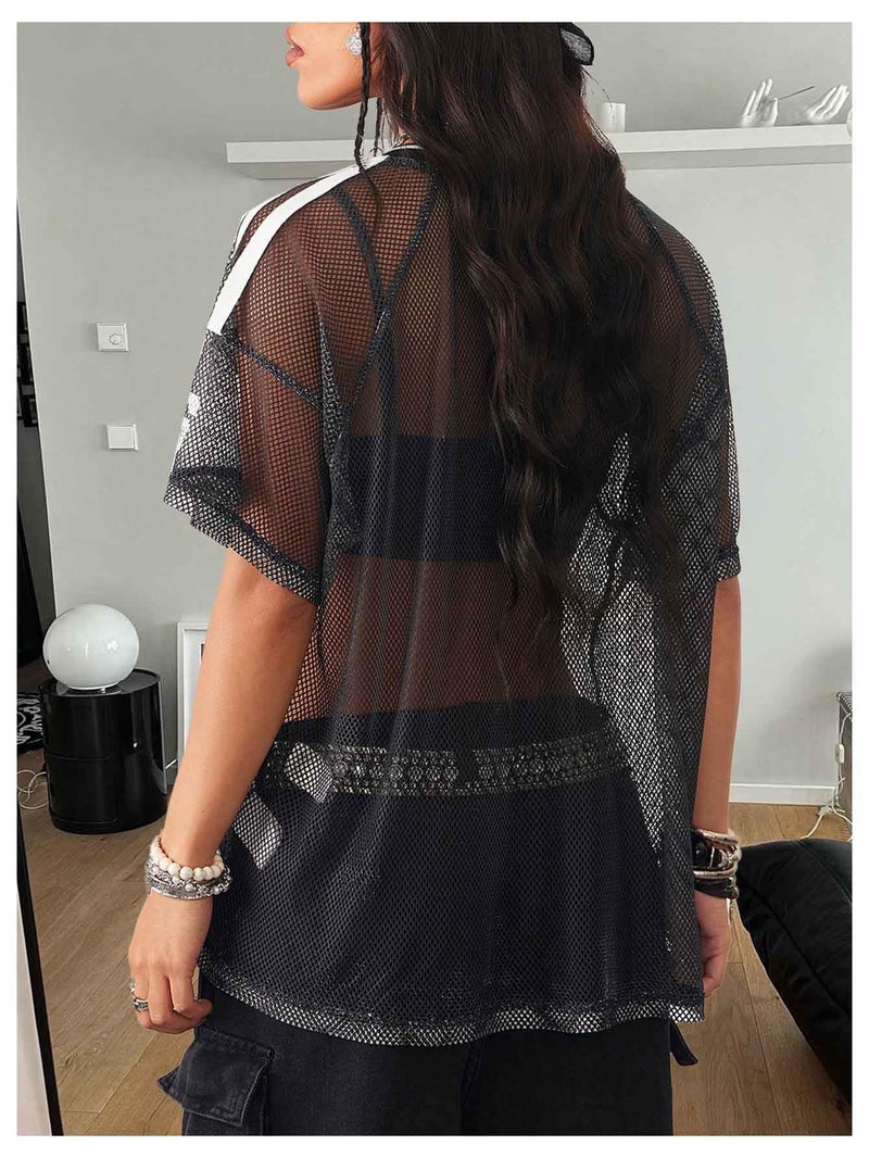 Verdusa Women's Jersey Shirts Striped Letter Print Sheer T Shirt Short Sleeve Going Out Tops Black Large - Image 2