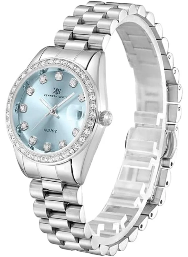 كينيث سكوت Kenneth Scott Women's SL28 Movement Watch, Analog Display and Solid Stainless Steel Strap - K23545-SBSL, Silver
