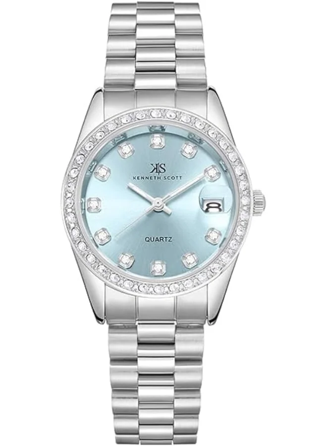 كينيث سكوت Kenneth Scott Women's SL28 Movement Watch, Analog Display and Solid Stainless Steel Strap - K23545-SBSL, Silver