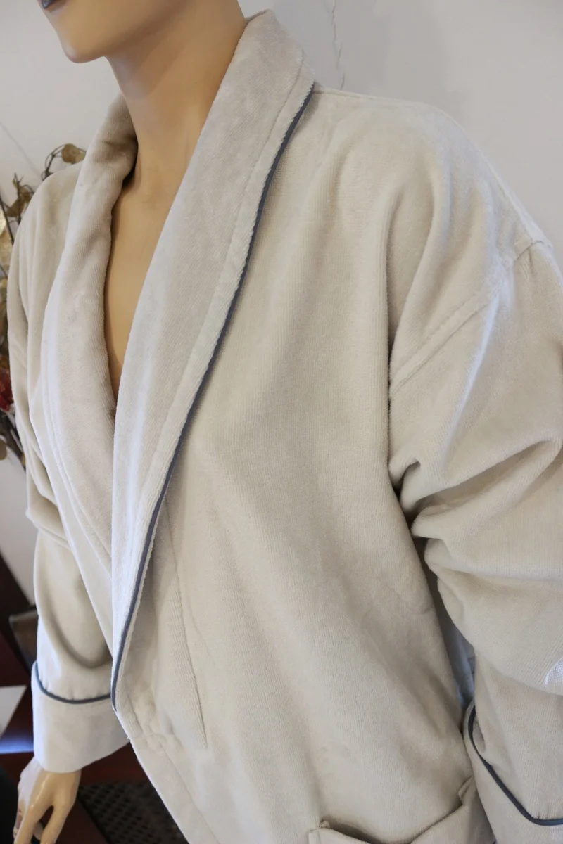 Ender Home Bathrobe Beige Velvet Shalyaka Model Two Pockets Belted Cotton Bathrobe L/XL