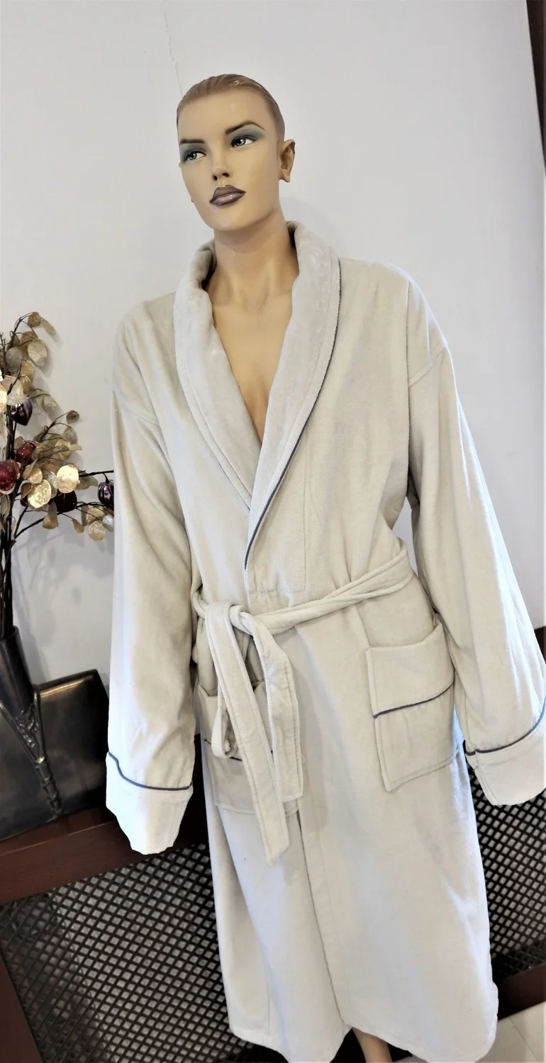 Ender Home Bathrobe Beige Velvet Shalyaka Model Two Pockets Belted Cotton Bathrobe L/XL